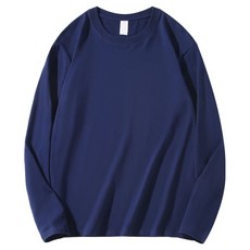 Elso 男女通用 高品質 純棉 彩色 寬鬆版型 素色 透氣 長袖 T恤, 海軍藍