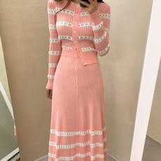 시크힐즈 니트 줄무늬 가디건 + 플레어 스커트 세트 01105