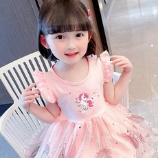 Yoo-vely 女童用 熱門獨角獸 荷葉袖 獨角獸 短袖 夏季 連身裙