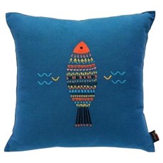 오리고 자수 쿠션 커버, 딥다이브블루물고기
