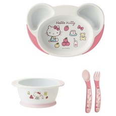 Skater 幼兒用易舀取餐盤 + 飯碗 + 湯匙 + 叉子套組, 1套, 三麗鷗 Hello Kitty 粉紅色, 餐盤 + 飯碗 + 湯匙 + 叉子