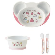 Skater 幼兒用易舀取餐盤+飯碗+湯匙+叉子組, 1組, Sanrio Hello Kitty 森林粉色, 盤子+飯碗+湯匙+叉子
