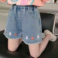 Yubli女童款Tohotu愛心兔子刺繡下擺流蘇鬆緊牛仔短褲