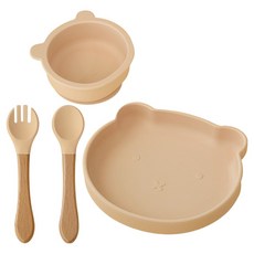 Peripia 嬰幼兒寶寶小熊矽膠吸附式餐具4件組, 1套, 碗 + 餐盤 + 湯匙 + 叉子, 柔和米色