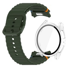 The Joeun Seller 一鍵式按鈕波浪紋車線翼形錶扣錶帶 + 全包覆鋼化玻璃保護殼套裝, 1套, 卡其色