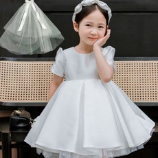 Bebemon Story 女童緞面婚禮短袖連身裙 + 頭紗套組