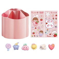 탑피아 귀여운 회전 + 스티커 2p + 입체 스티커 10p 세트 연필꽂이, 핑크(연필꽂이), 랜덤발송(입체스티커), 1세트