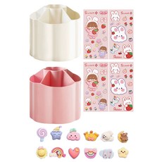탑피아 귀여운 회전 연필꽂이 2p + 스티커 4p + 입체 스티커 20p 세트, 베이지, 핑크(연필꽂이), 랜덤발송(입체스티커), 1세트