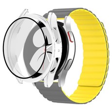 Reamont Galaxy手錶矽膠磁吸錶帶 + 鋼化玻璃全包覆保護殼套組, 1套, 灰色 + 黃色(錶帶)