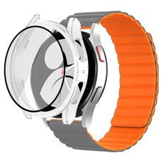 Reamont Galaxy手錶矽膠磁吸錶帶 + 鋼化玻璃全包覆保護殼套組, 1套, 灰色 + 橘色(錶帶)