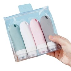 Sarasa 旅行用 泳池 高級矽膠掛環分裝瓶 洗髮精瓶 90ml x 4入 + 收納袋組合, 1個, 隨機出貨(分裝瓶), 透明(收納袋)