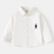 MK 兒童格紋小熊刺繡棉質長袖翻領襯衫