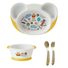 Skater 幼兒用易舀取餐具組, 1套, 迪士尼維尼 黃色, 餐盤 + 碗 + 湯匙 + 叉子