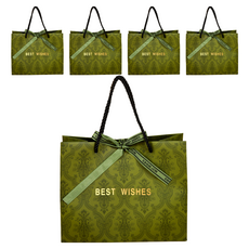 Hugoing牛皮紙緞帶禮物紙購物袋, 綠色, 5個