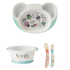 Skater 幼兒用易舀取餐具組, 1套, 迪士尼米奇素描 薄荷綠, 餐盤 + 碗 + 湯匙 + 叉子
