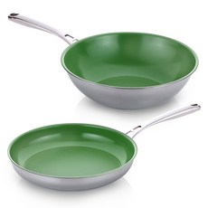 리벤스 인덕션 프리미엄 세라믹 스텐 통3중 IH 프라이팬 + 궁중팬 세트 2개, 실버+그린, 후라이팬 28cm + 궁중팬 28cm, 1세트