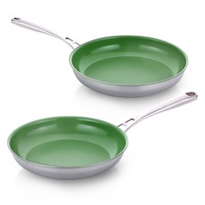 LIVENS 電磁爐專用 Premium 陶瓷不鏽鋼三層複合平底鍋 2入, 銀色 + 綠色, 2個, 平底鍋 24cm + 平底鍋 28cm