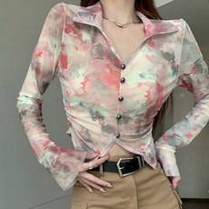 시크힐즈 여성용 슬림핏 럭셔리 그라데이션 포인트 긴팔 셔츠 00402