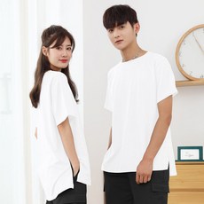 TURNKEY 男女通用大尺碼層次感寬鬆版型長版開衩短袖T恤 SP-263, 白色