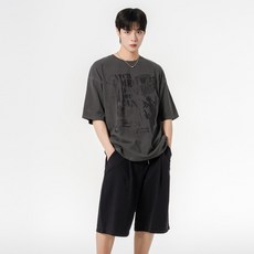 모즈모즈 댄싱캣 피그먼트 반팔 + 피그먼트 와이드 원턱 쇼츠 셋업