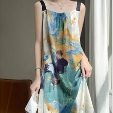 Goodif 女款鬆緊腰復古印花緞面碎花洋裝, 圖案1