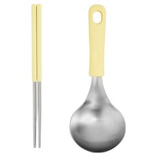 EasySili 矽膠握柄圓形不鏽鋼迷你湯勺 + 真空筷子組, 1套, 湯勺 + 筷子, 黃色