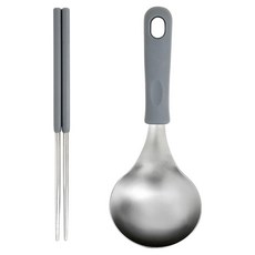 EasySili 矽膠握柄圓形不鏽鋼迷你湯勺 + 真空筷子組, 1套, 湯勺 + 筷子, 深灰色