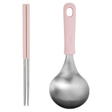 이지실리 실리콘 손잡이 원형 스텐 미니 국자 + 진공 젓가락 세트, 핑크, 1세트, 국자 + 젓가락