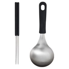EasySili 矽膠握柄圓形不鏽鋼廚具2件組, 1套, 迷你湯勺 + 真空筷子, 黑色