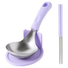 이지실리 실리콘 손잡이 조리도구 3종 세트, 퍼플, 1세트, 원형 스텐 미니국자 + 받침대 + 진공 젓가락