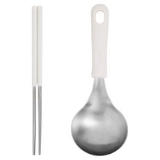EasySili 矽膠握柄圓形不鏽鋼廚具2件組, 1套, 迷你湯勺 + 真空筷子, 白色