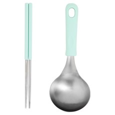 EasySili 矽膠握柄圓形不鏽鋼迷你湯勺 + 真空筷子組, 1套, 湯勺 + 筷子, 薄荷綠