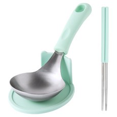 Eazysili 矽膠手柄廚具3件組, 1套, 薄荷色, 圓形不鏽鋼迷你湯勺 + 支架 + 真空筷子