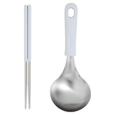 EasySili 矽膠握柄圓形不鏽鋼迷你湯勺 + 真空筷子組, 1套, 湯勺 + 筷子, 淺灰色