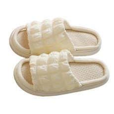 泡芙厚底亞麻拖鞋, 白色, 1雙