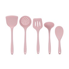 SUNORO 不粘鍋矽膠廚具5件組 廚房配件, 鍋鏟 + 漏杓 + 煎鏟 + 湯杓 + 飯匙, 粉色, 1組
