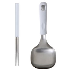 Easy sili 矽膠握柄方形不鏽鋼分菜匙 2件組, 1套, 迷你湯勺 + 真空筷子, 淺灰色