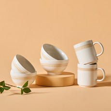 CORELLE COORDINATES Rosemont 飯碗湯碗混合6件組, 1套, 象牙白 + 橘色, 飯碗 2p + 湯碗 2p + 馬克杯 2p