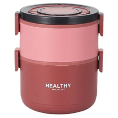 SUnORO 不鏽鋼雙層保溫防燙便當盒 1.6L, 西亞紅, 1個