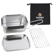 Breeze Moon 便攜式方形便當盒炊具 POSCO 不鏽鋼 304 J1 1.6L + 收納袋全套, 1套, 混合色