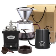 Comac 不鏽鋼濾網 + 褶皺咖啡分享壺 + 炭灰色咖啡手沖壺 KPK1 + 黑色中型陶瓷磨豆機 MC6 + 咖啡量匙 J1 + 濾杯架 J2 禮盒組 SF2 WG1 KPK1, 1套, 6種