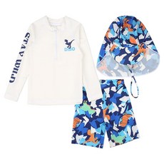 Uvely 男童 Ranosu 字母恐龍長袖 + 圖案短褲防曬泳衣套裝