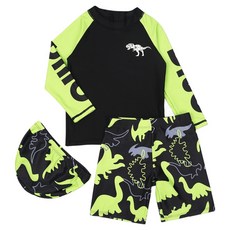 Uvely 男童 Per-taki 萊姆恐龍圖案長袖短褲防磨衣泳衣套裝