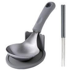 EASY SILICONE 矽膠握把圓形不鏽鋼廚具3件, 1套, 深灰色, 迷你湯勺 + 支架 + 筷子