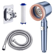 5段式增壓帶刷過濾蓮蓬頭+支架+淋浴軟管+濾芯組, 藍色, 1組