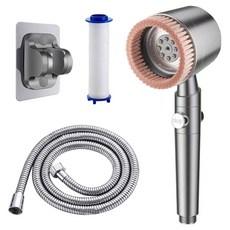 5段式增壓帶刷過濾蓮蓬頭+支架+淋浴軟管+濾芯組, 灰色, 1組