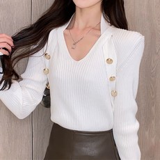 Chichills 女款V領金扣綁帶針織T恤 01329
