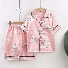 JOYMULTI MK 兒童冰絲卡通圖案短袖睡衣上下衣套裝