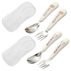 PaPa 幼兒用可愛角色316不鏽鋼湯匙筷子 2種+叉子 2種+收納盒 2個組, 1組, 白熊，白兔, 2 湯匙+2 叉子+2 盒