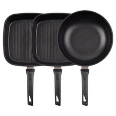 interCOOK 電磁爐用平底鍋3件組, 1套, 黑色, 方形煎鍋 27cm 2入 + 中式炒鍋 28cm